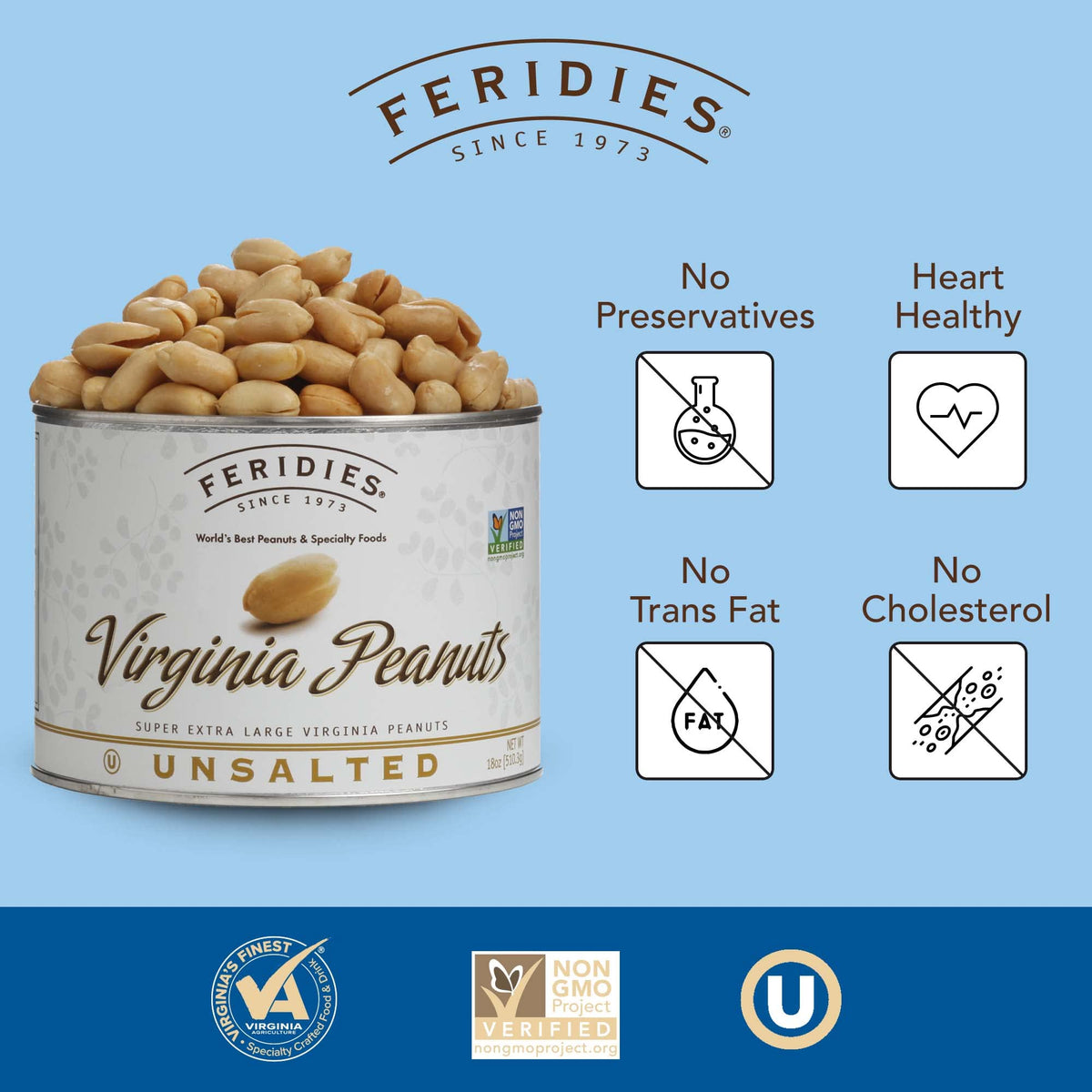 FERIDIES Unsalted Virginia Peanuts – Non-GMO Project Verified, Kosher Certified 18oz Salt-Free XL Pack