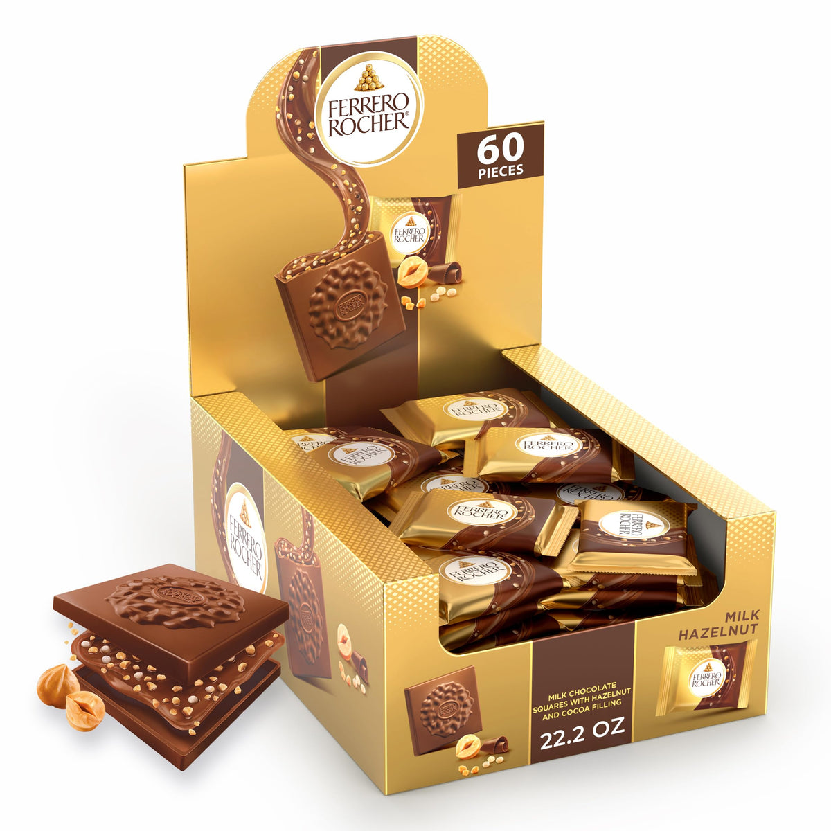 Ferrero Rocher Premium Milk Hazelnut Chocolates – 60-Count Gift Pack, Individually Wrapped