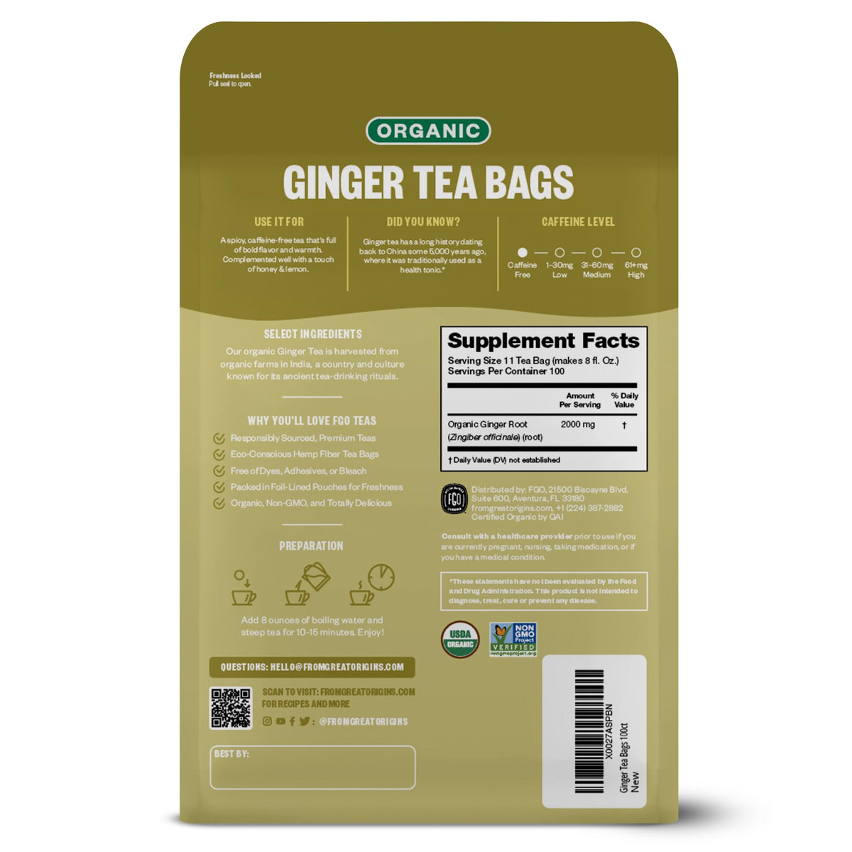 FGO Organic Ginger Tea – 100 Count, Caffeine Free, Eco-Conscious Tea Bags (Pack of 1)