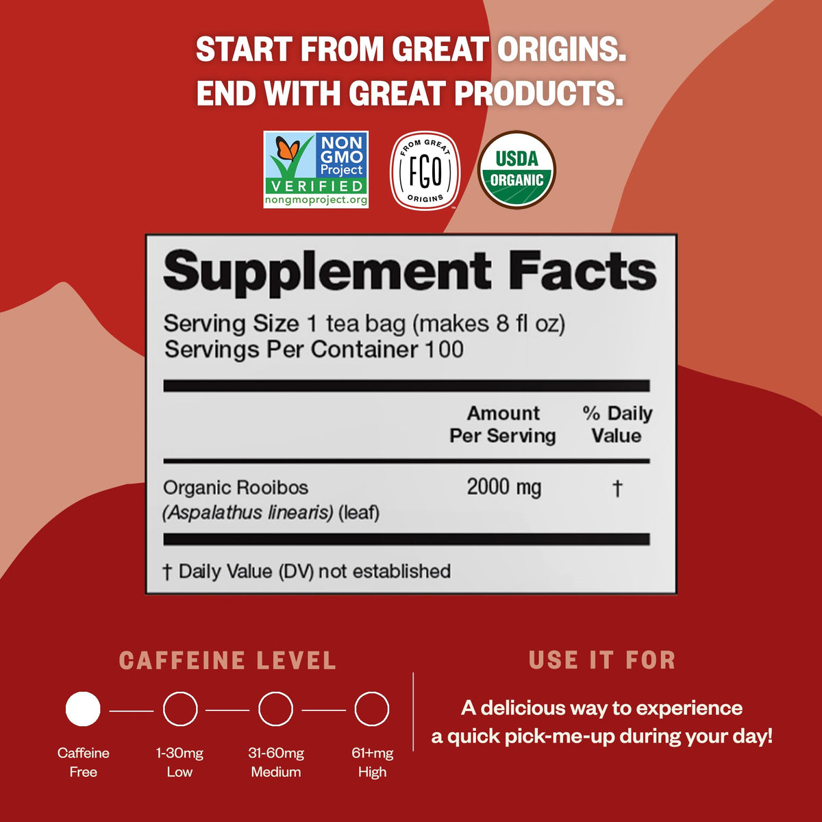 FGO Organic Rooibos Tea, 100 Eco-Conscious Bags, Caffeine Free (Packaging May Vary)