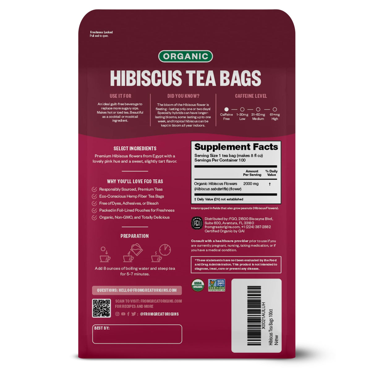 FGO Organic Hibiscus Tea – 100 Count, Eco-Conscious Tea Bags, Caffeine Free (Pack of 1)