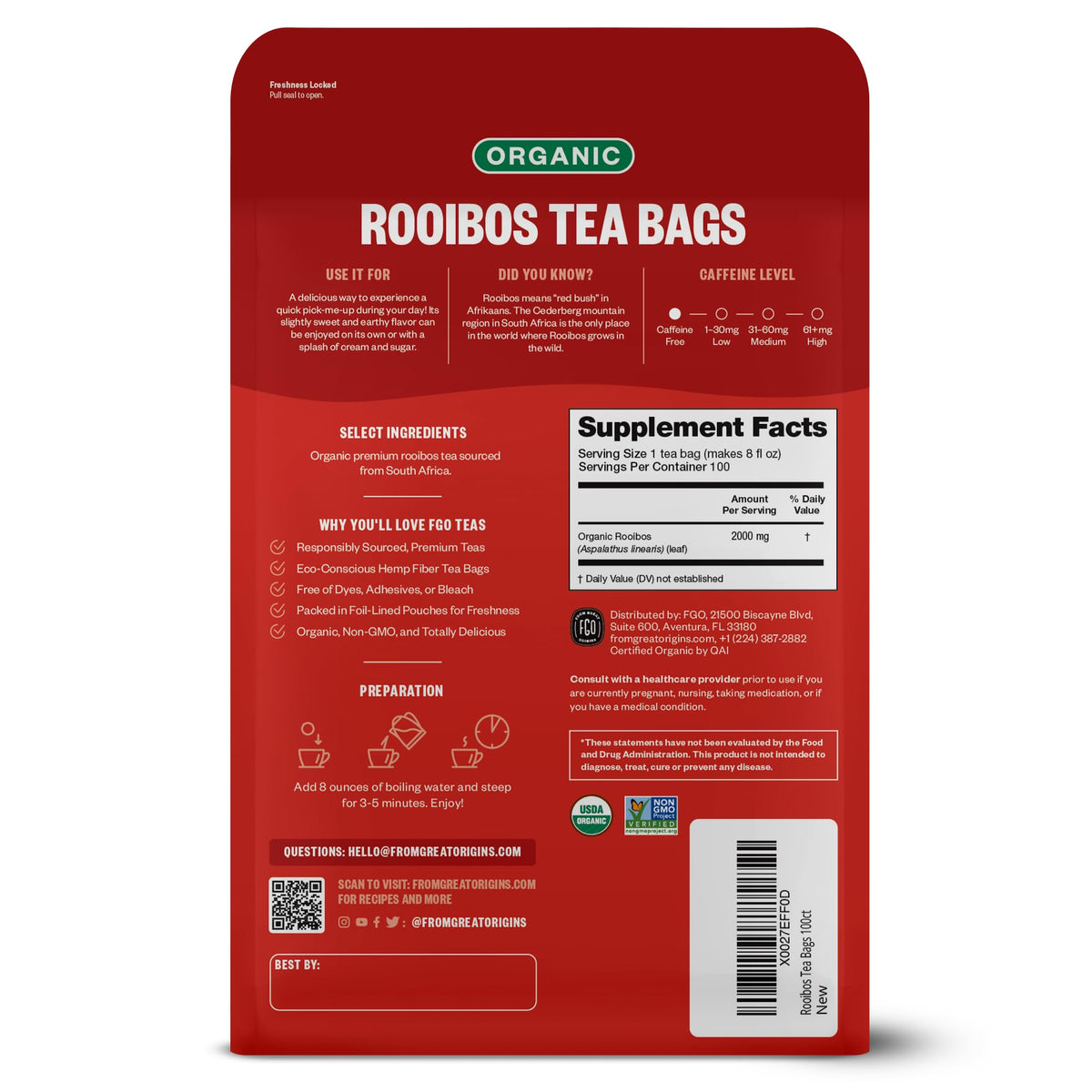 FGO Organic Rooibos Tea, 100 Eco-Conscious Bags, Caffeine Free (Packaging May Vary)