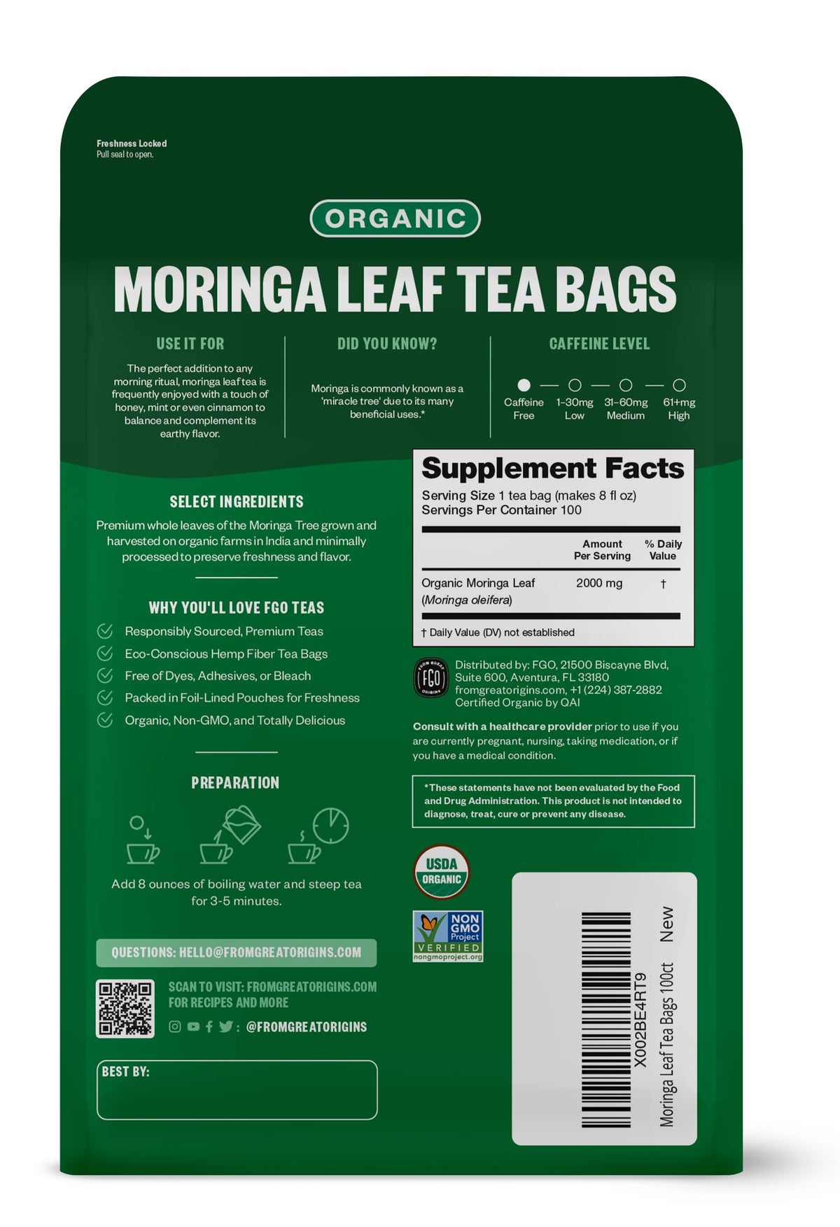 FGO Organic Moringa Tea - 100 Eco-Conscious Tea Bags, Caffeine Free, Resealable Pack (Pack of 1)