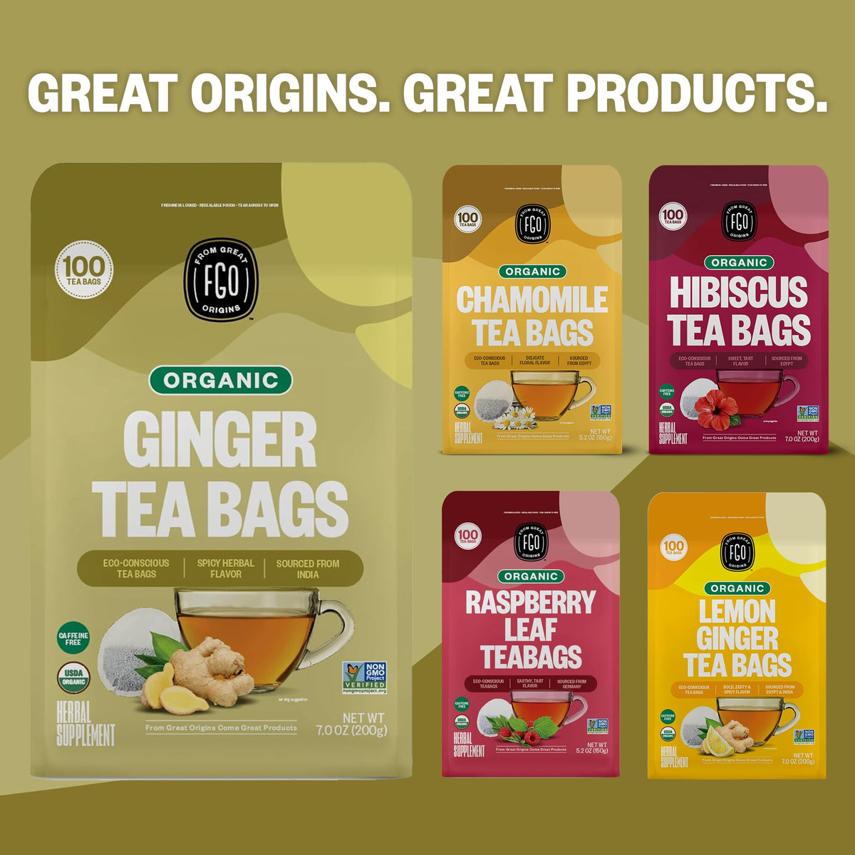 FGO Organic Ginger Tea – 100 Count, Caffeine Free, Eco-Conscious Tea Bags (Pack of 1)