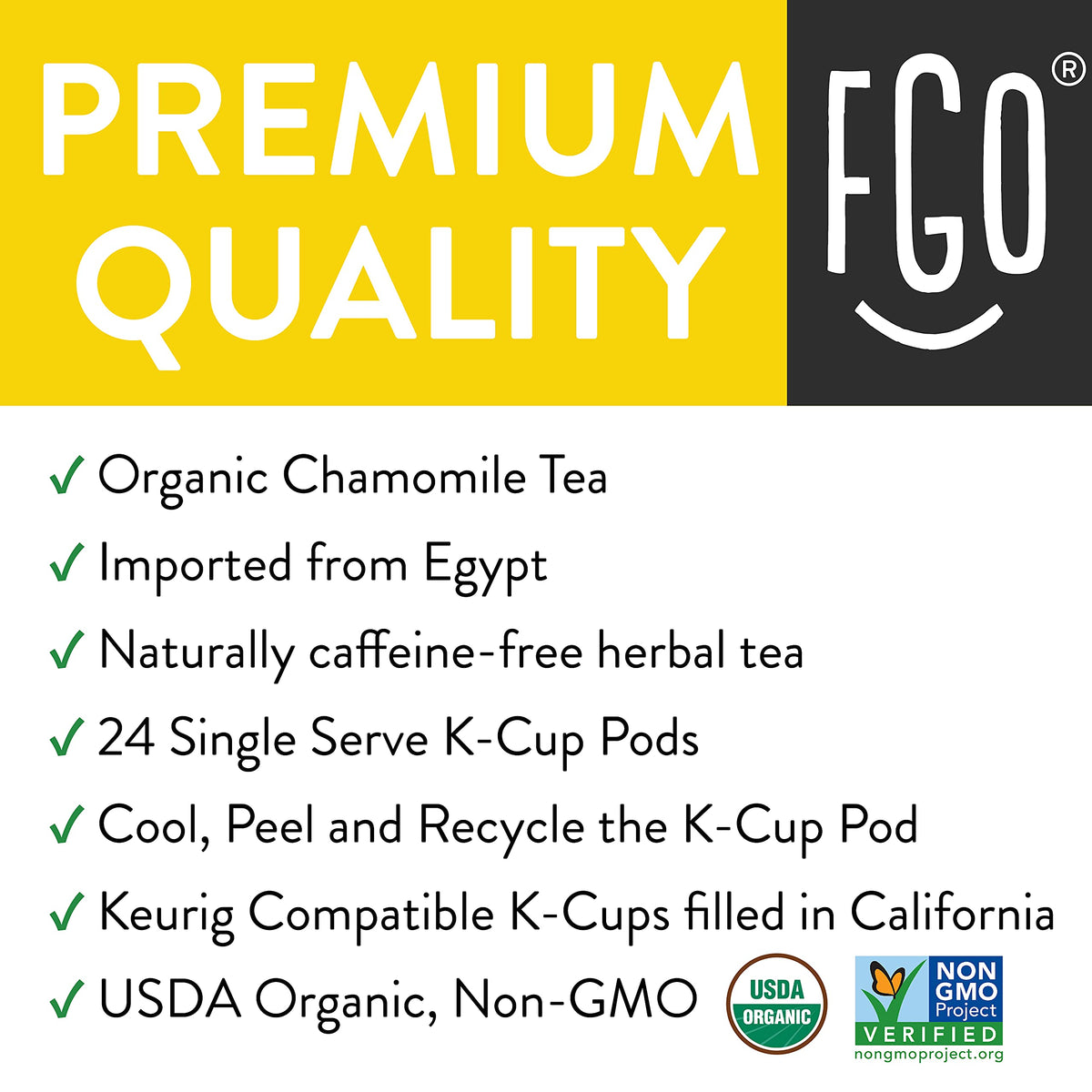 FGO Organic Chamomile Tea K-Cup Pods for Keurig – 24 Count, Caffeine-Free, USDA Organic
