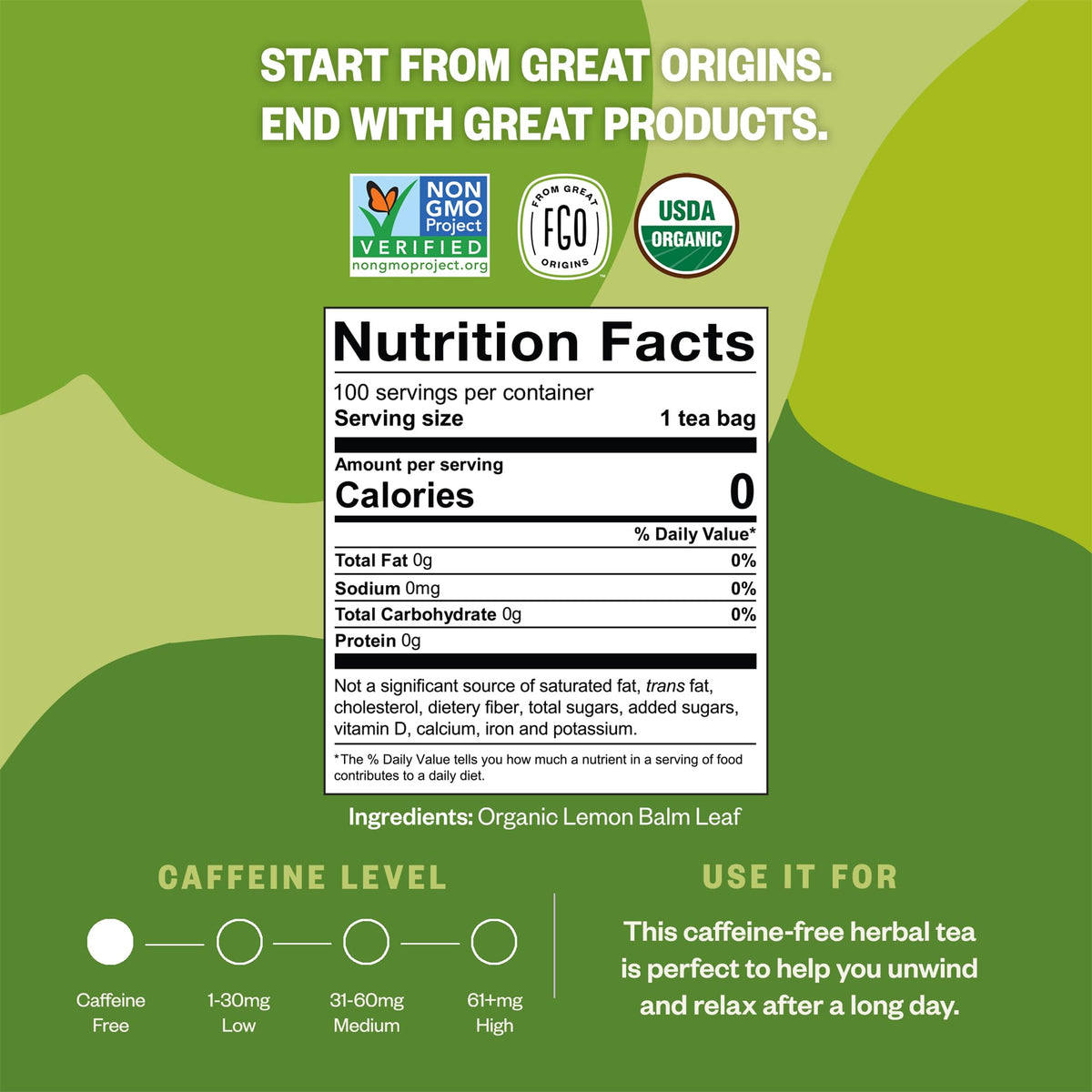 FGO Organic Lemon Balm Tea – Caffeine-Free, 100 Bags, Eco-Conscious & Resealable
