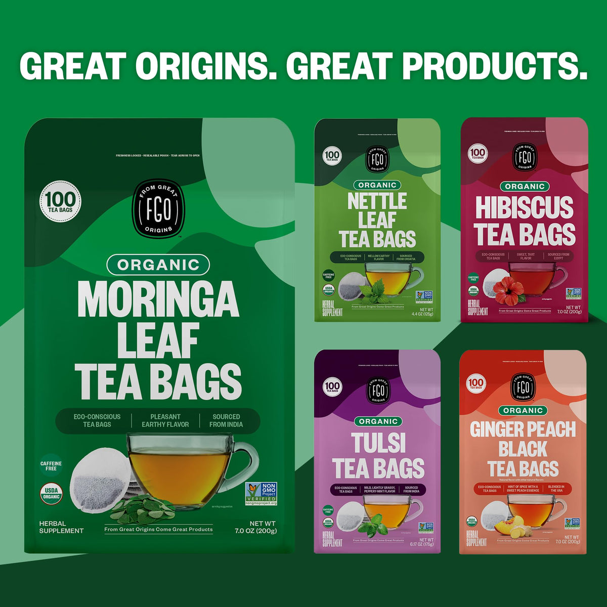 FGO Organic Moringa Tea - 100 Eco-Conscious Tea Bags, Caffeine Free, Resealable Pack (Pack of 1)