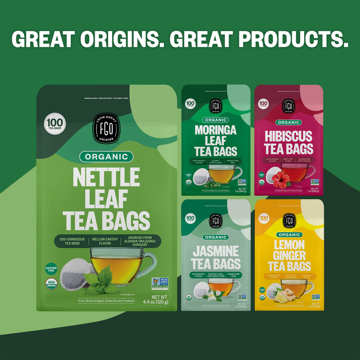FGO Organic Nettle Leaf Tea – 100 Eco-Friendly Tea Bags, Caffeine Free