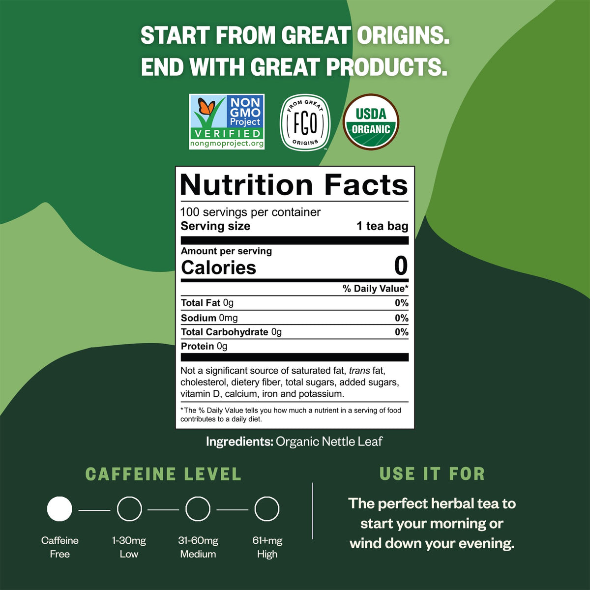 FGO Organic Nettle Leaf Tea – 100 Eco-Friendly Tea Bags, Caffeine Free