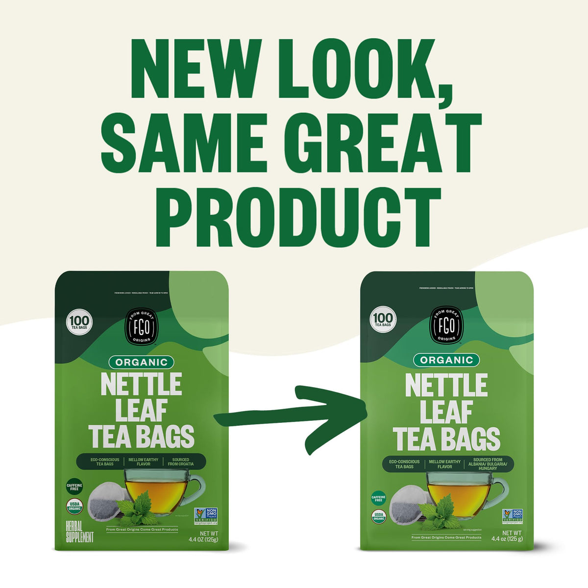FGO Organic Nettle Leaf Tea – 100 Eco-Friendly Tea Bags, Caffeine Free