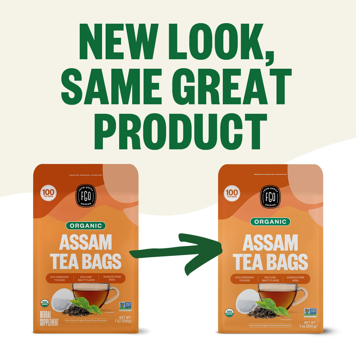 FGO Organic Assam Tea - 100 Count Eco-Conscious Black Tea Bags | Resealable Bag (Pack of 1)