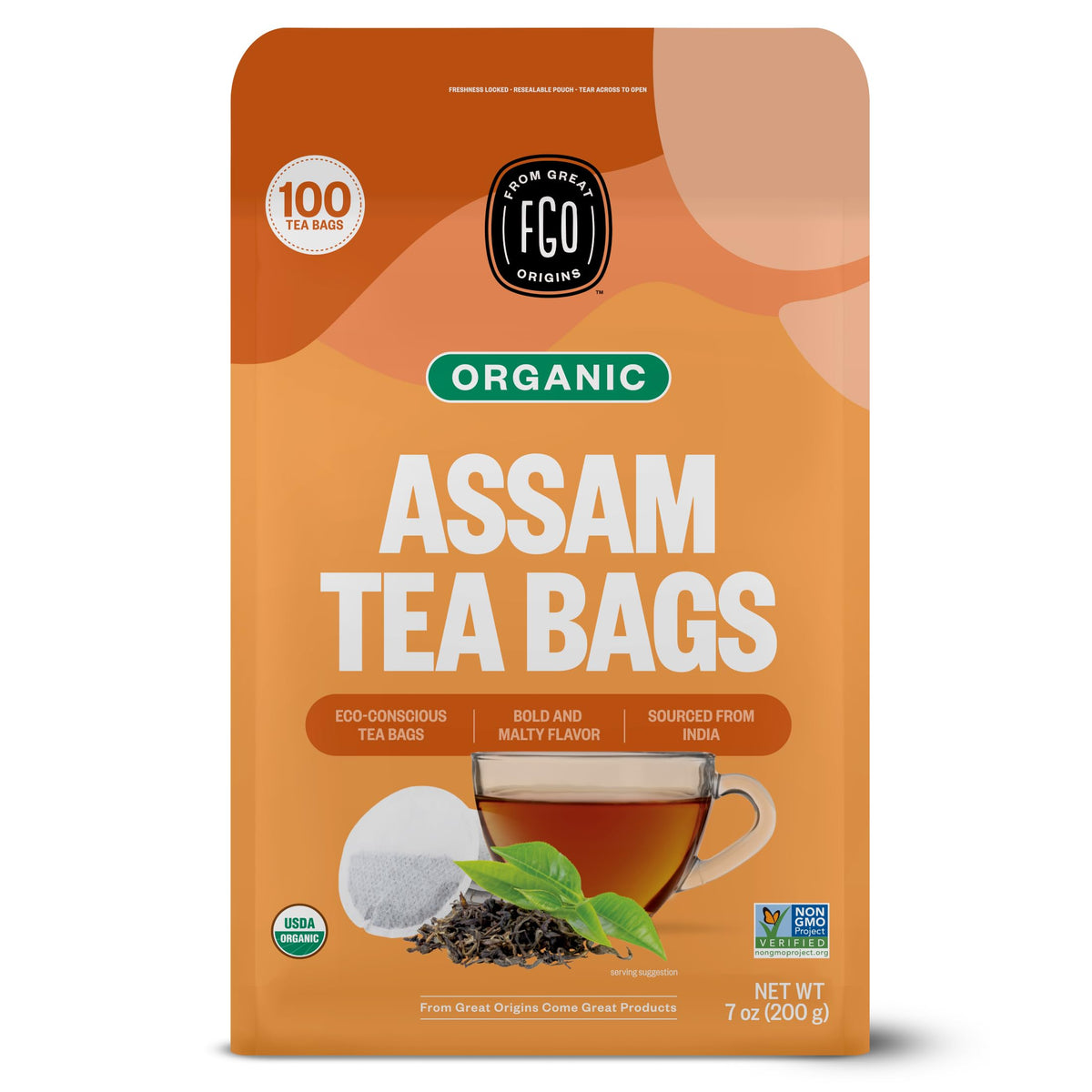 FGO Organic Assam Tea - 100 Count Eco-Conscious Black Tea Bags | Resealable Bag (Pack of 1)