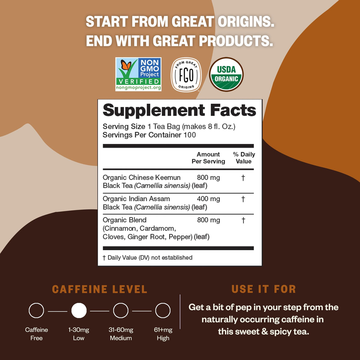 FGO Organic Chai Tea – 100 Eco-Conscious Bags, Resealable Pack (USDA Organic)