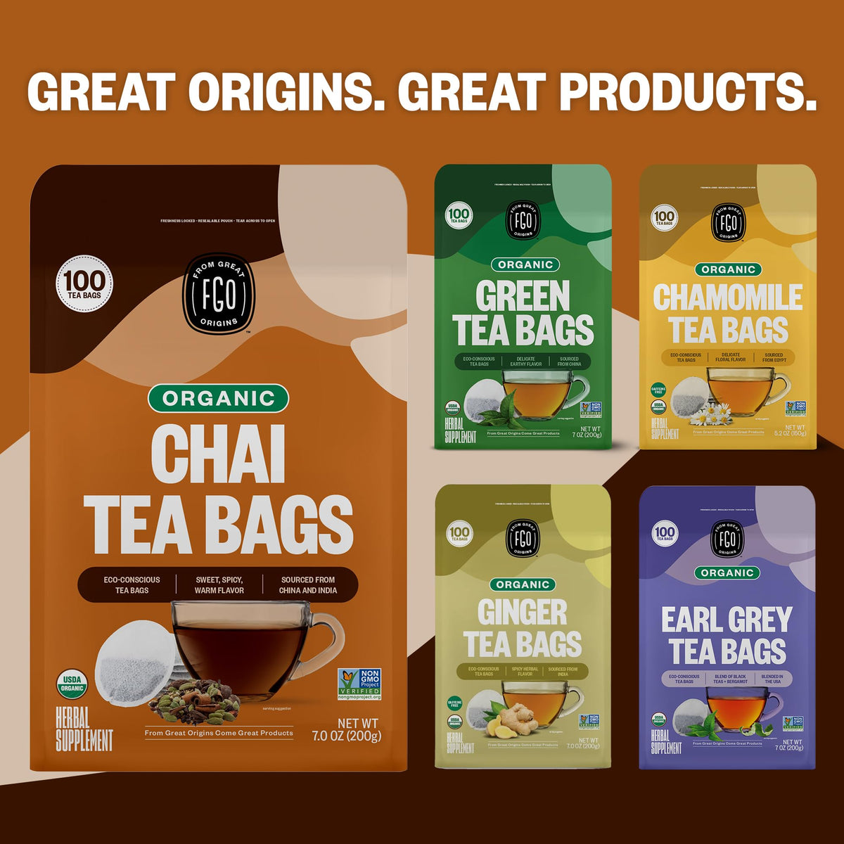 FGO Organic Chai Tea – 100 Eco-Conscious Bags, Resealable Pack (USDA Organic)