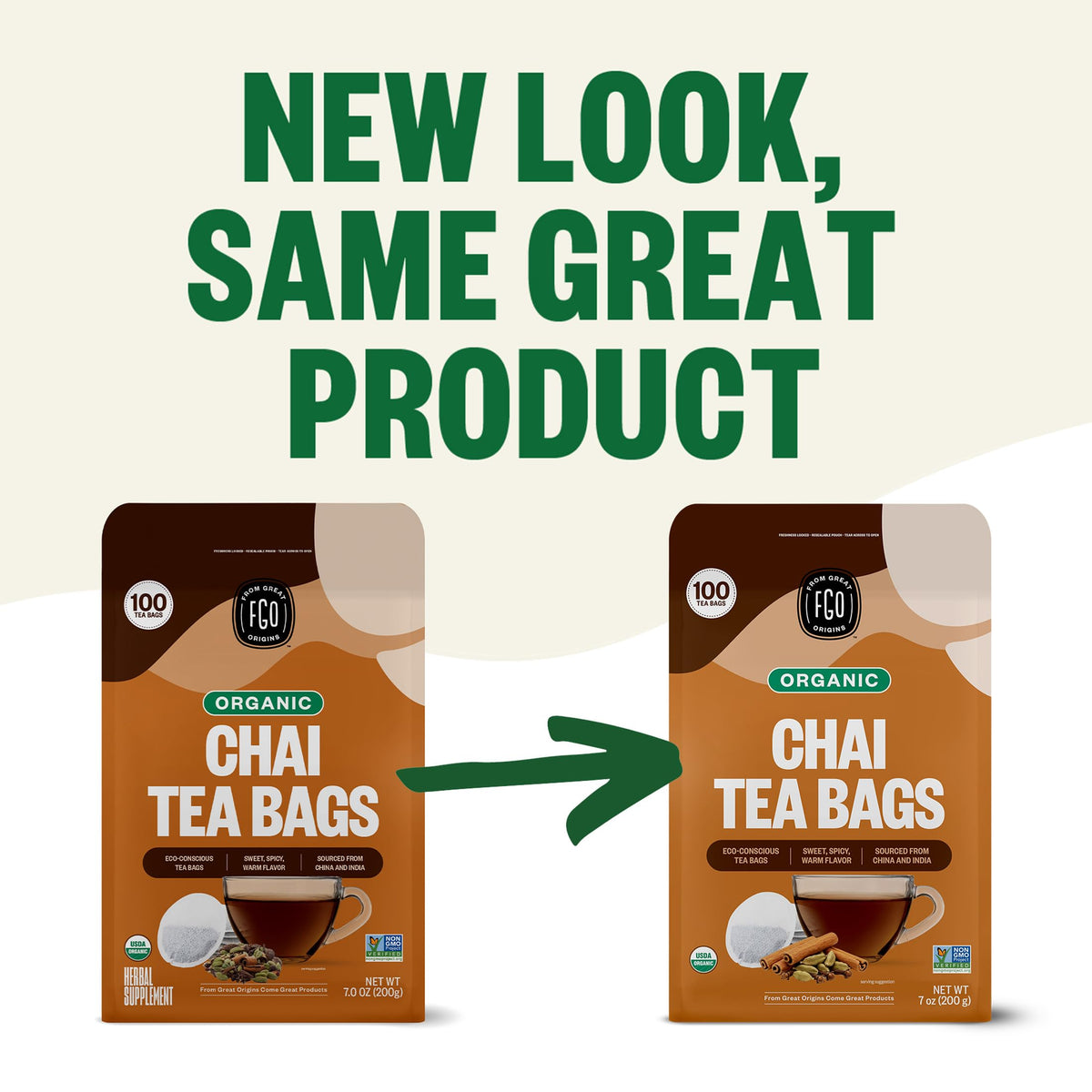 FGO Organic Chai Tea – 100 Eco-Conscious Bags, Resealable Pack (USDA Organic)