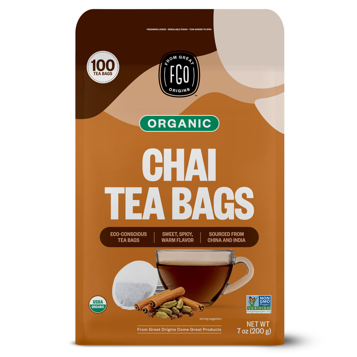 FGO Organic Chai Tea – 100 Eco-Conscious Bags, Resealable Pack (USDA Organic)