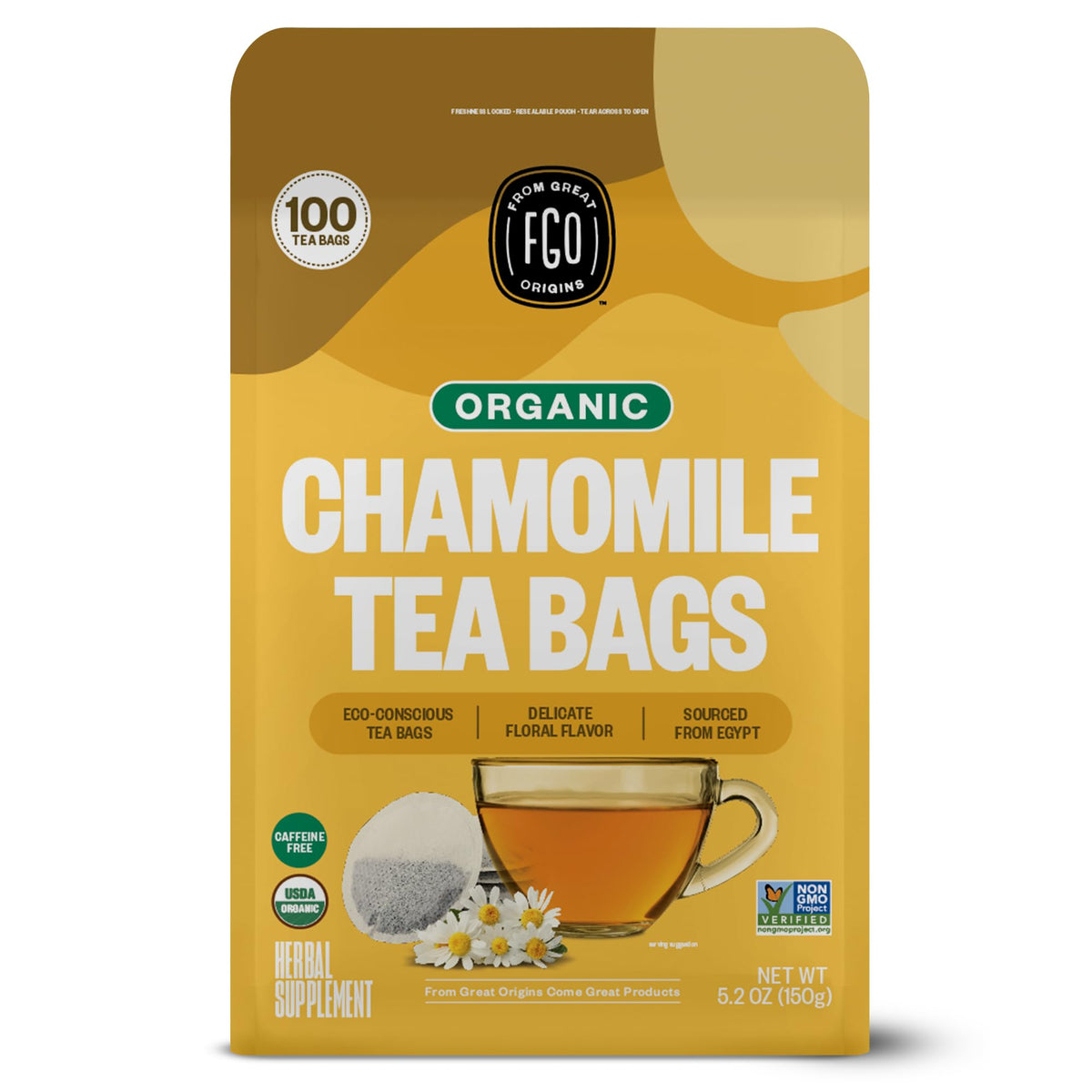 FGO Organic Chamomile Tea - 100 Eco-Conscious Tea Bags, Caffeine Free, Resealable Pack (Pack of 1)