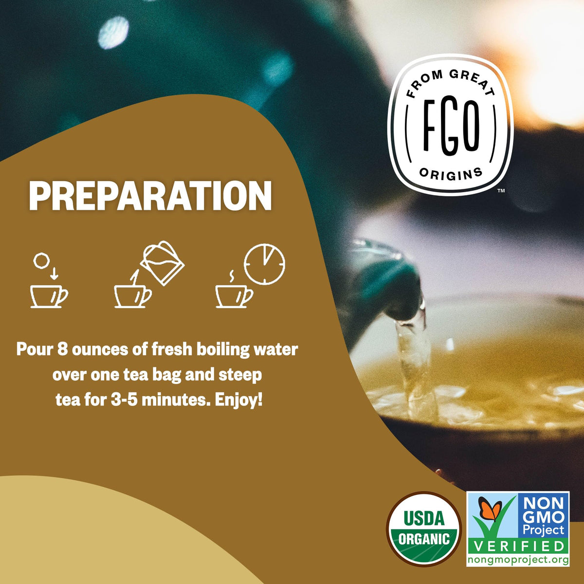 FGO Organic Chamomile Tea - 100 Eco-Conscious Tea Bags, Caffeine Free, Resealable Pack (Pack of 1)