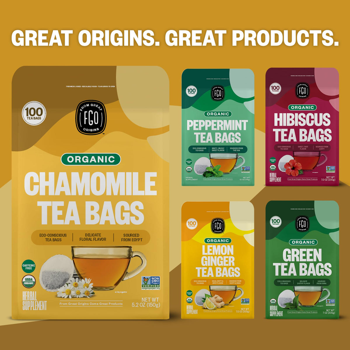 FGO Organic Chamomile Tea - 100 Eco-Conscious Tea Bags, Caffeine Free, Resealable Pack (Pack of 1)