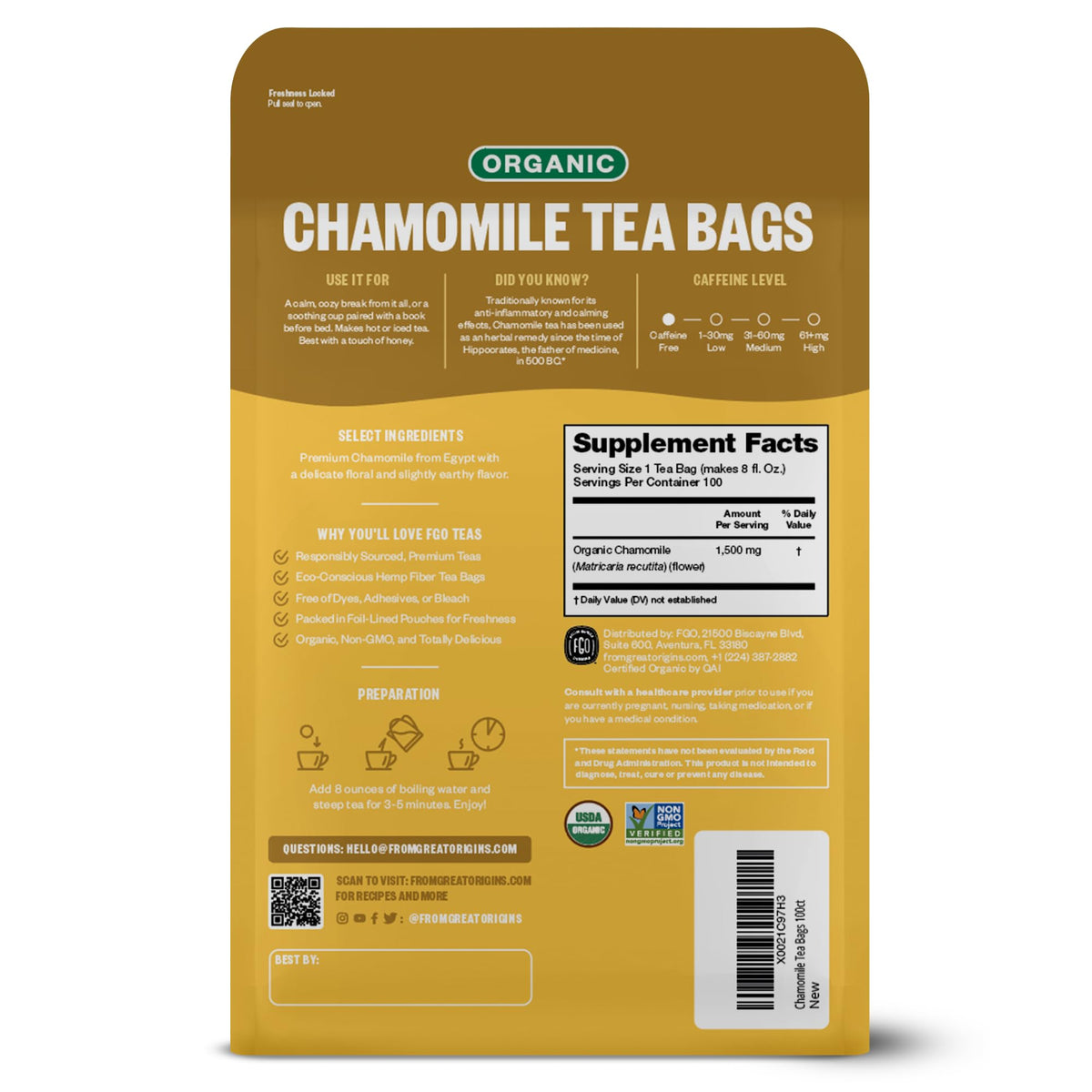FGO Organic Chamomile Tea - 100 Eco-Conscious Tea Bags, Caffeine Free, Resealable Pack (Pack of 1)