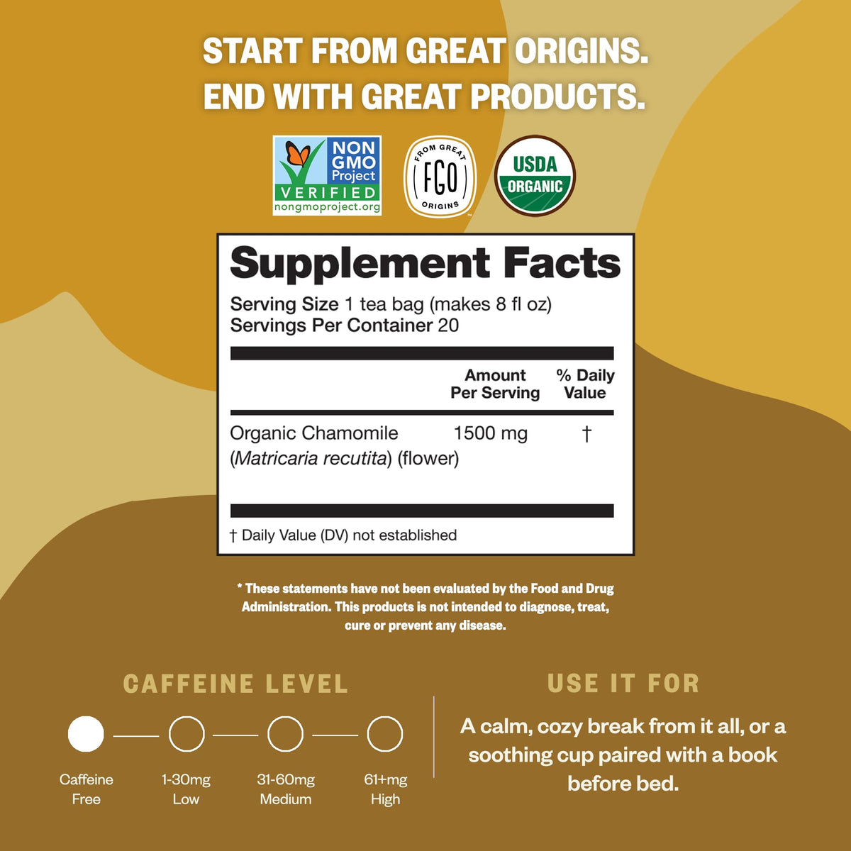 FGO Organic Chamomile Tea - 100 Eco-Conscious Tea Bags, Caffeine Free, Resealable Pack (Pack of 1)