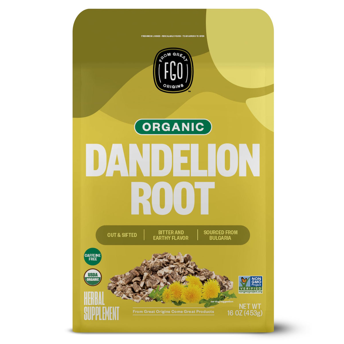 FGO Organic Dandelion Root Tea – Caffeine Free, Cut & Sifted, 16oz Bulk Bag