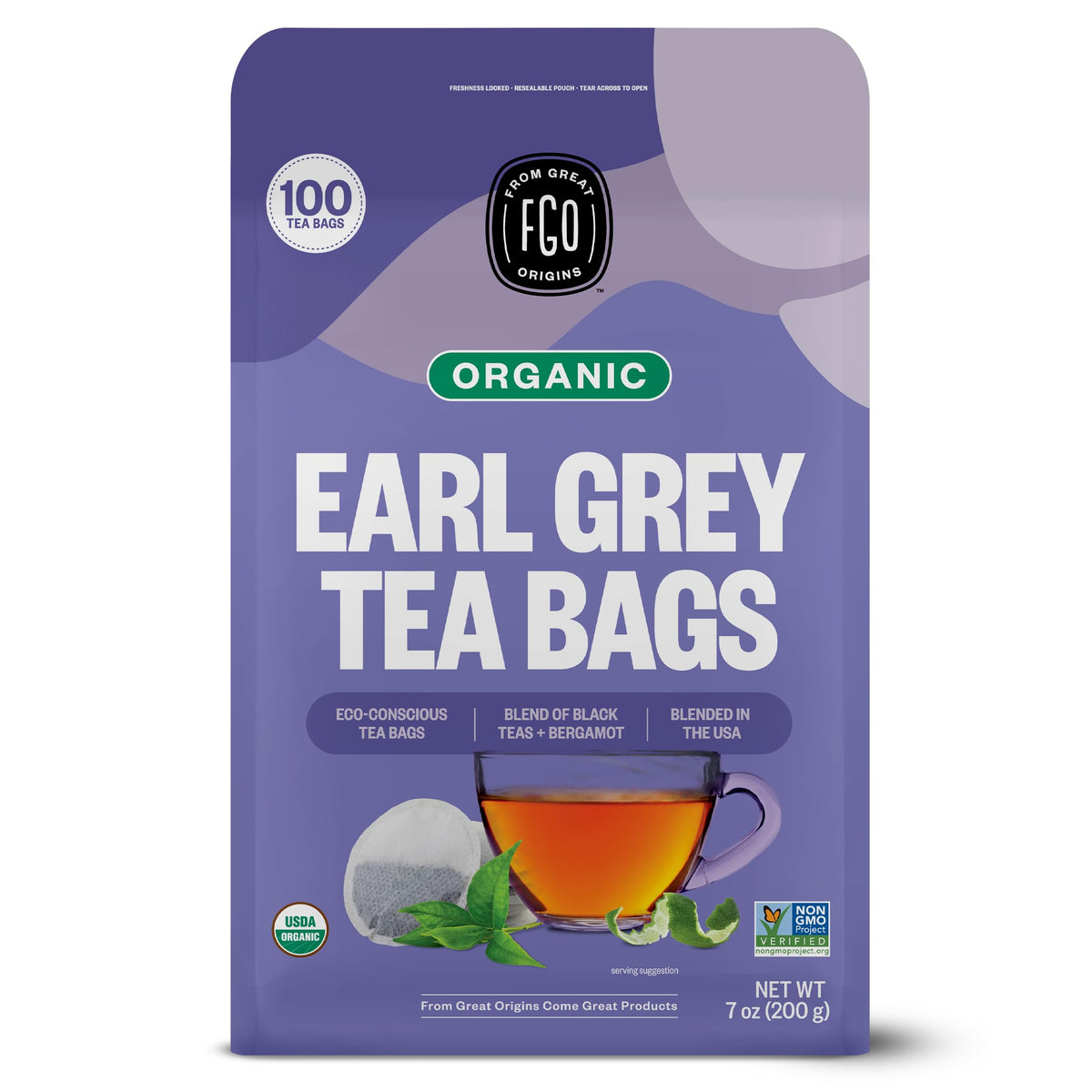 FGO Organic Earl Grey Black Tea – 100 Eco-Conscious Bags, Resealable Pack (Pack of 1)