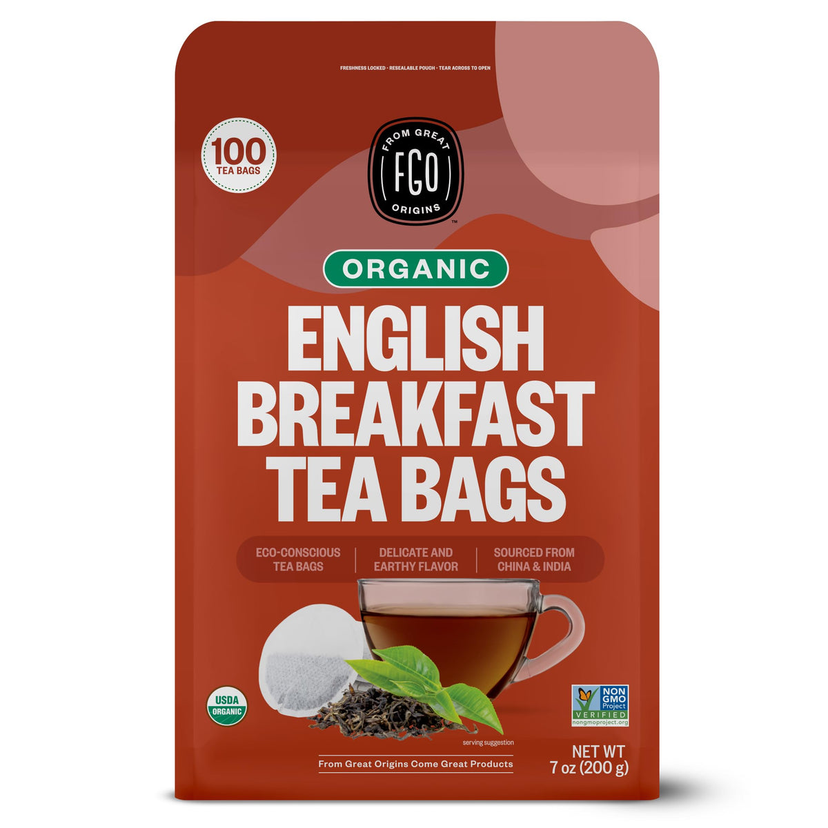 FGO Organic English Breakfast Tea, 100 Eco Tea Bags, Resealable Bag (Packaging May Vary)