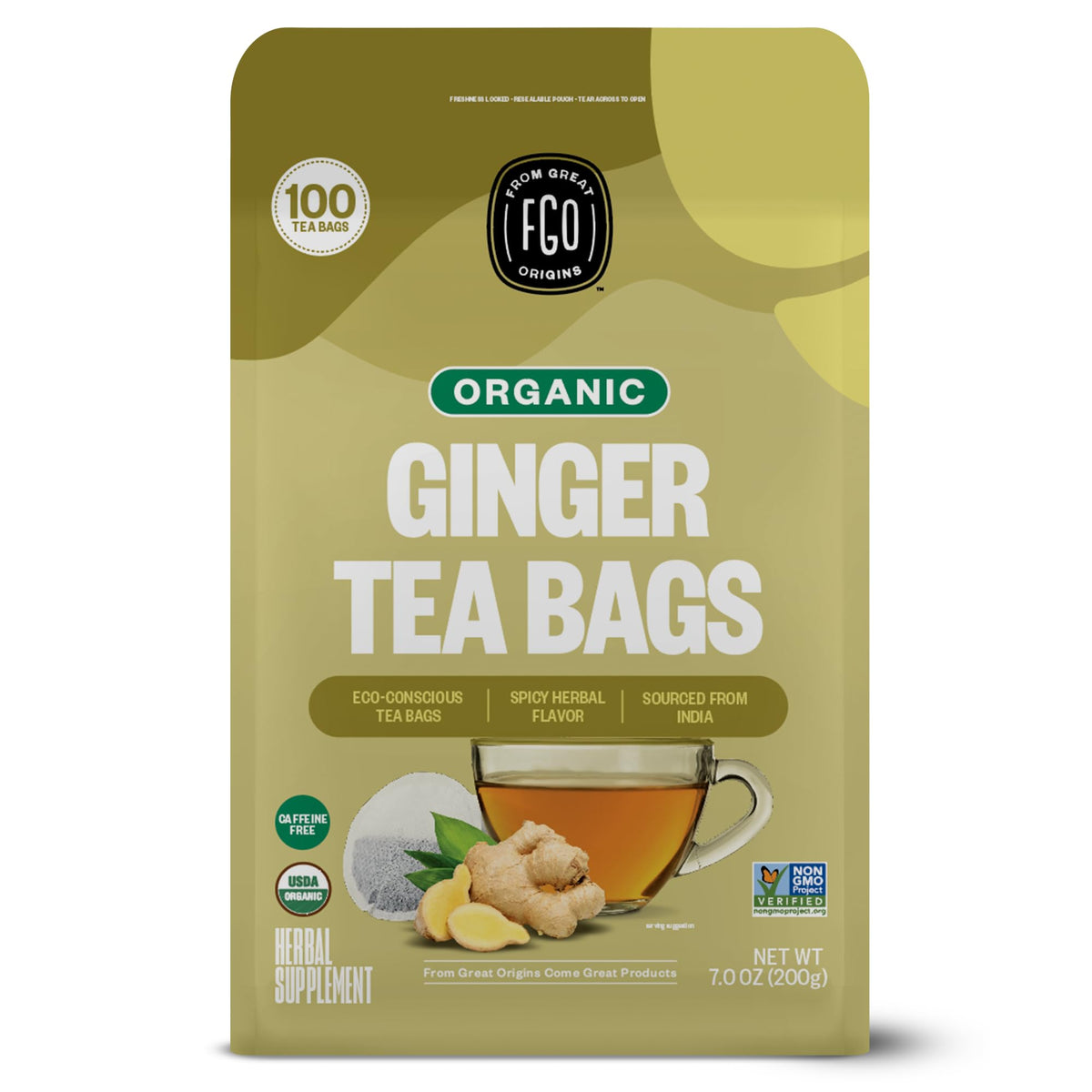 FGO Organic Ginger Tea – 100 Count, Caffeine Free, Eco-Conscious Tea Bags (Pack of 1)
