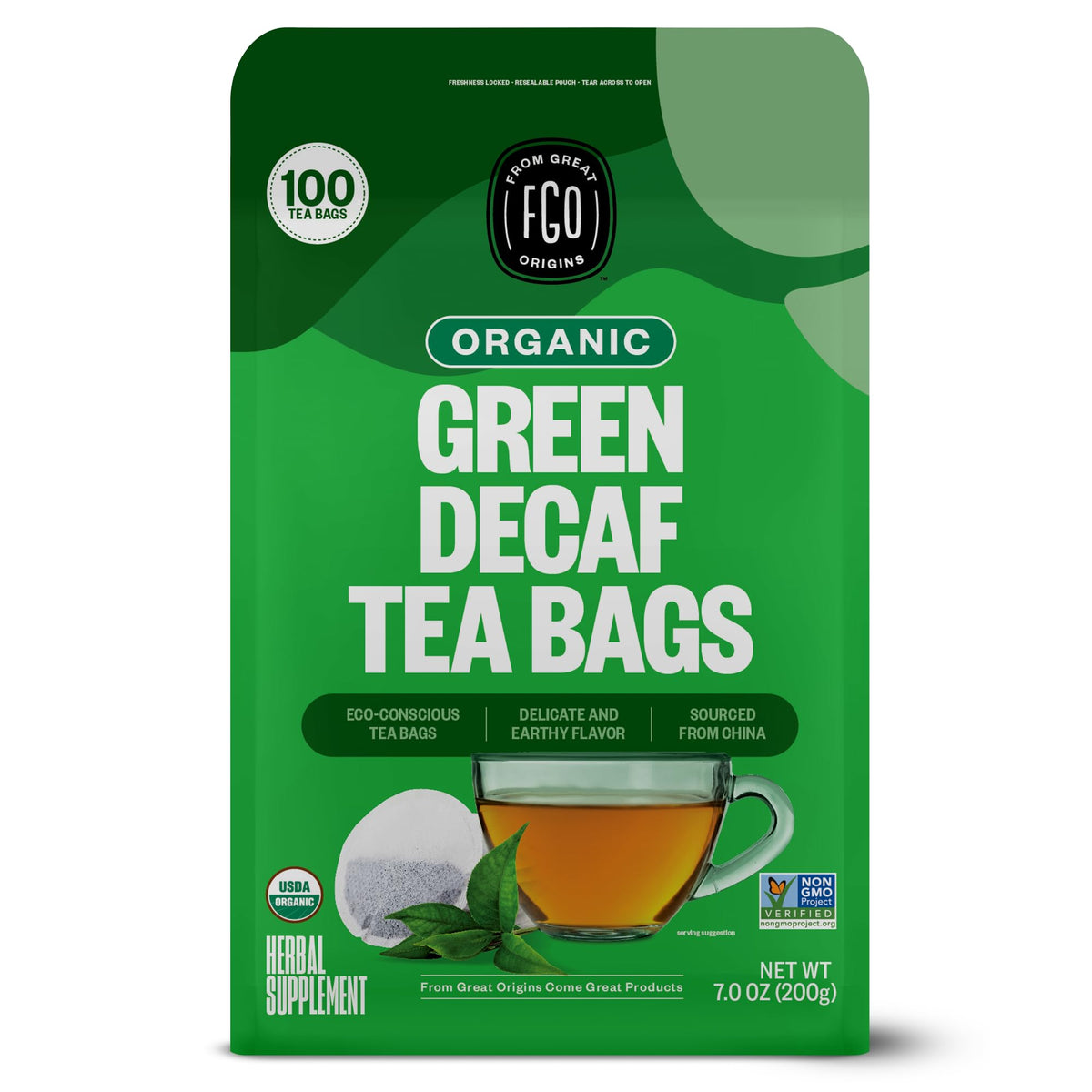 FGO Organic Green Decaf Tea — 100 Count, Caffeine Free, Eco-Conscious Tea Bags