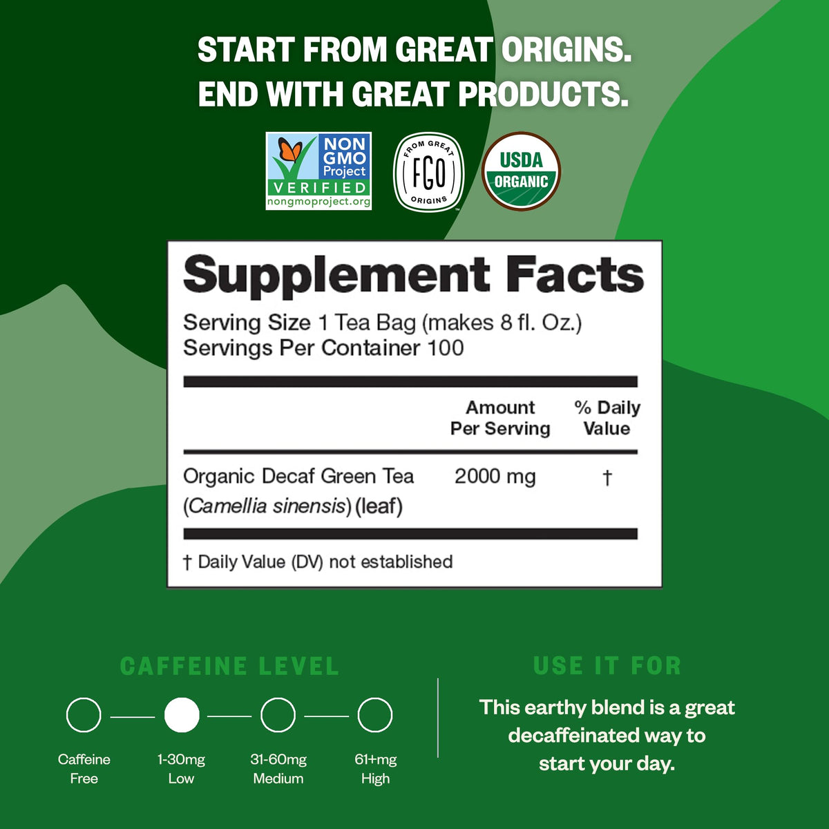 FGO Organic Green Decaf Tea — 100 Count, Caffeine Free, Eco-Conscious Tea Bags