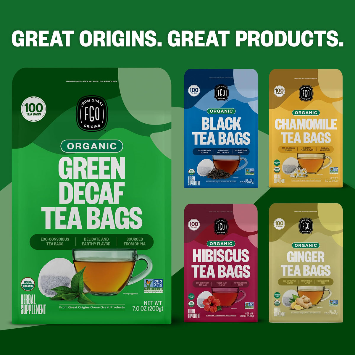 FGO Organic Green Decaf Tea — 100 Count, Caffeine Free, Eco-Conscious Tea Bags