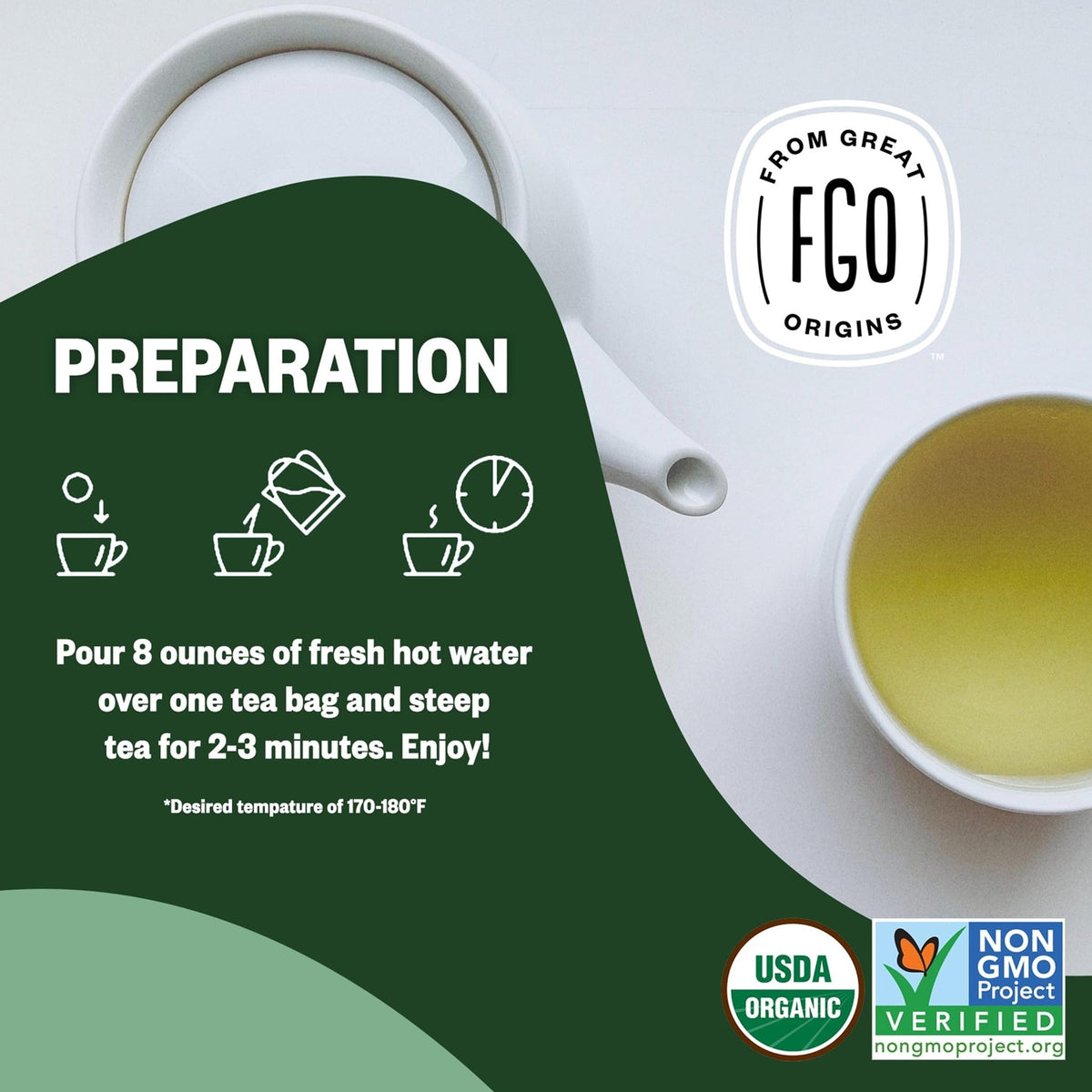 FGO Organic Green Tea – 100 Eco-Conscious Bags, Caffeinated, Resealable Pouch (Pack of 1)