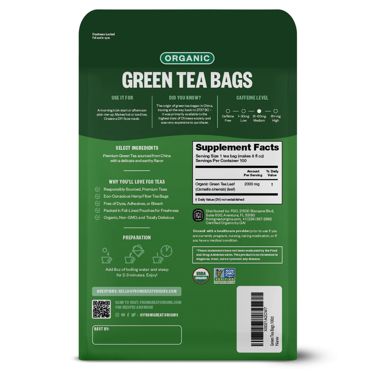 FGO Organic Green Tea – 100 Eco-Conscious Bags, Caffeinated, Resealable Pouch (Pack of 1)