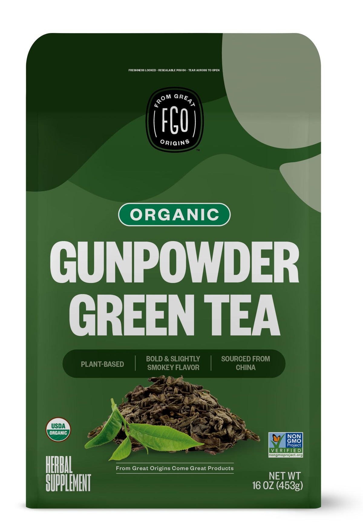 FGO Organic Gunpowder Green Tea – Loose Leaf, 16oz Bulk Resealable Bag (Pack of 1) | USDA Organic