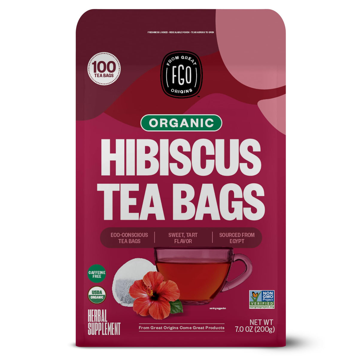 FGO Organic Hibiscus Tea – 100 Count, Eco-Conscious Tea Bags, Caffeine Free (Pack of 1)