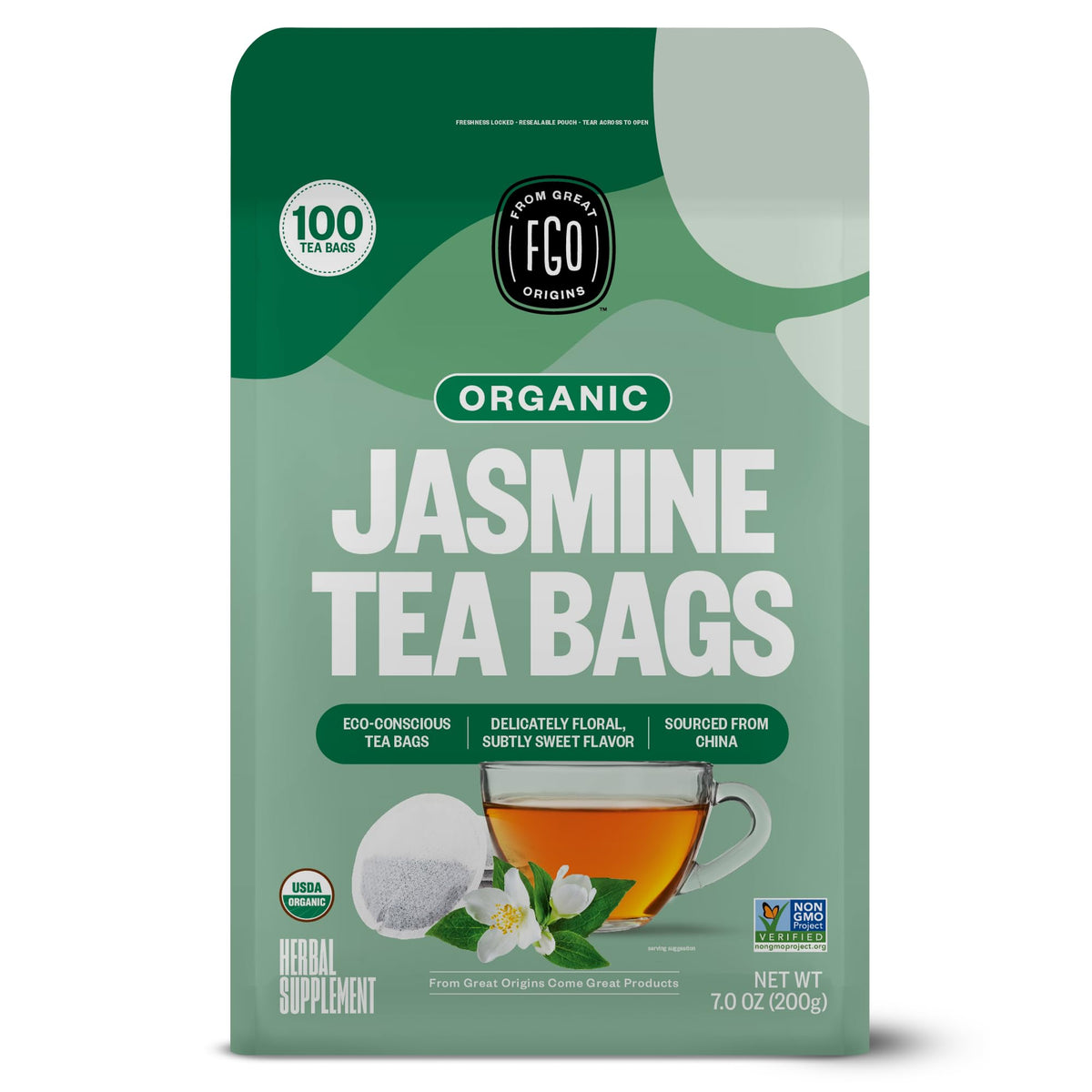FGO Organic Jasmine Green Tea – 100 Count, Eco-Conscious Tea Bags, Resealable Bag