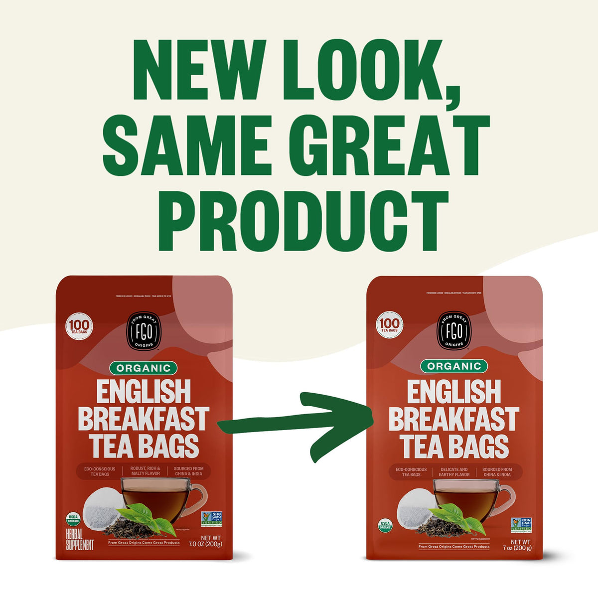 FGO Organic English Breakfast Tea, 100 Eco Tea Bags, Resealable Bag (Packaging May Vary)