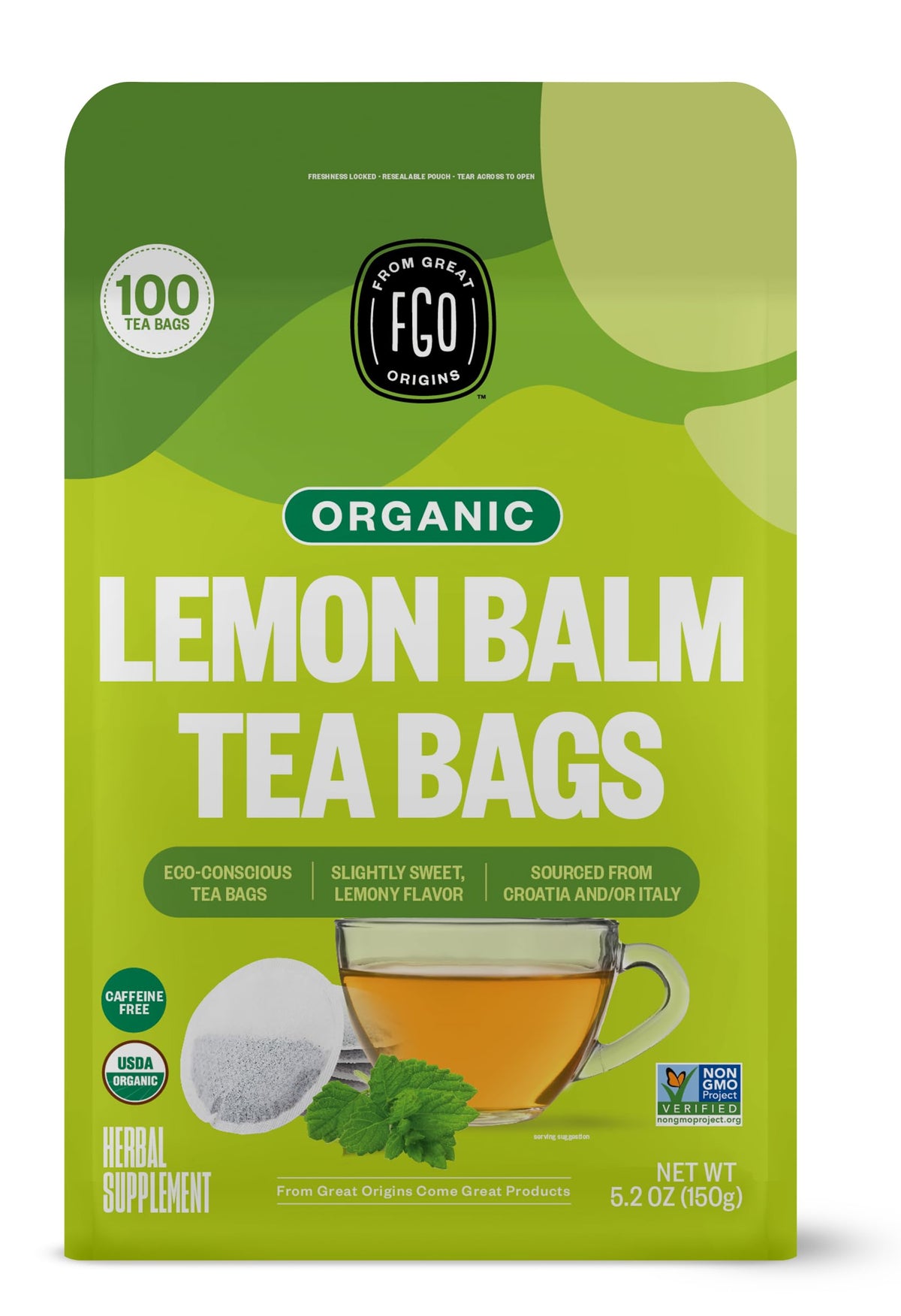 FGO Organic Lemon Balm Tea – Caffeine-Free, 100 Bags, Eco-Conscious & Resealable