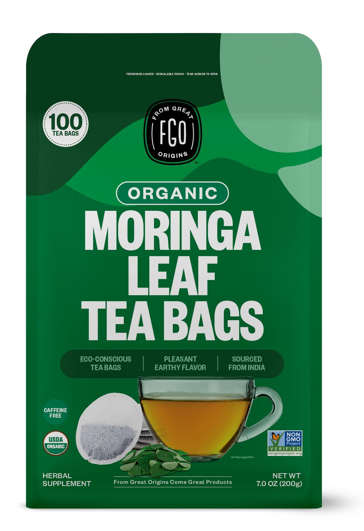 FGO Organic Moringa Tea - 100 Eco-Conscious Tea Bags, Caffeine Free, Resealable Pack (Pack of 1)