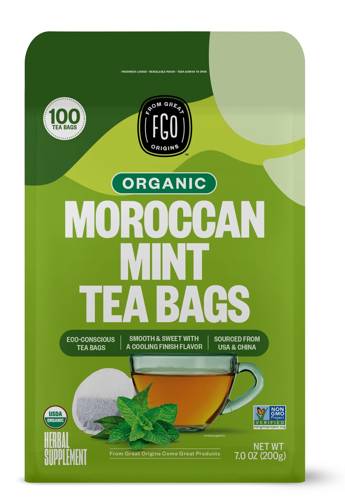FGO Organic Moroccan Mint Green Tea - 100 Eco-Conscious Bags | Resealable Kraft Bag (Pack of 1)