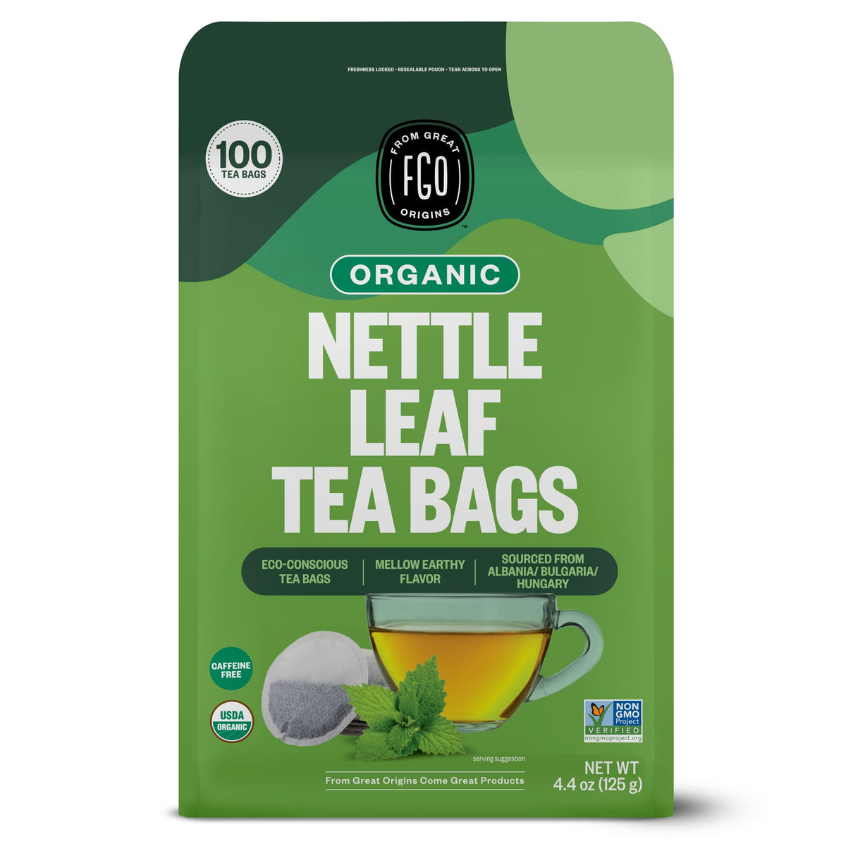 FGO Organic Nettle Leaf Tea – 100 Eco-Friendly Tea Bags, Caffeine Free