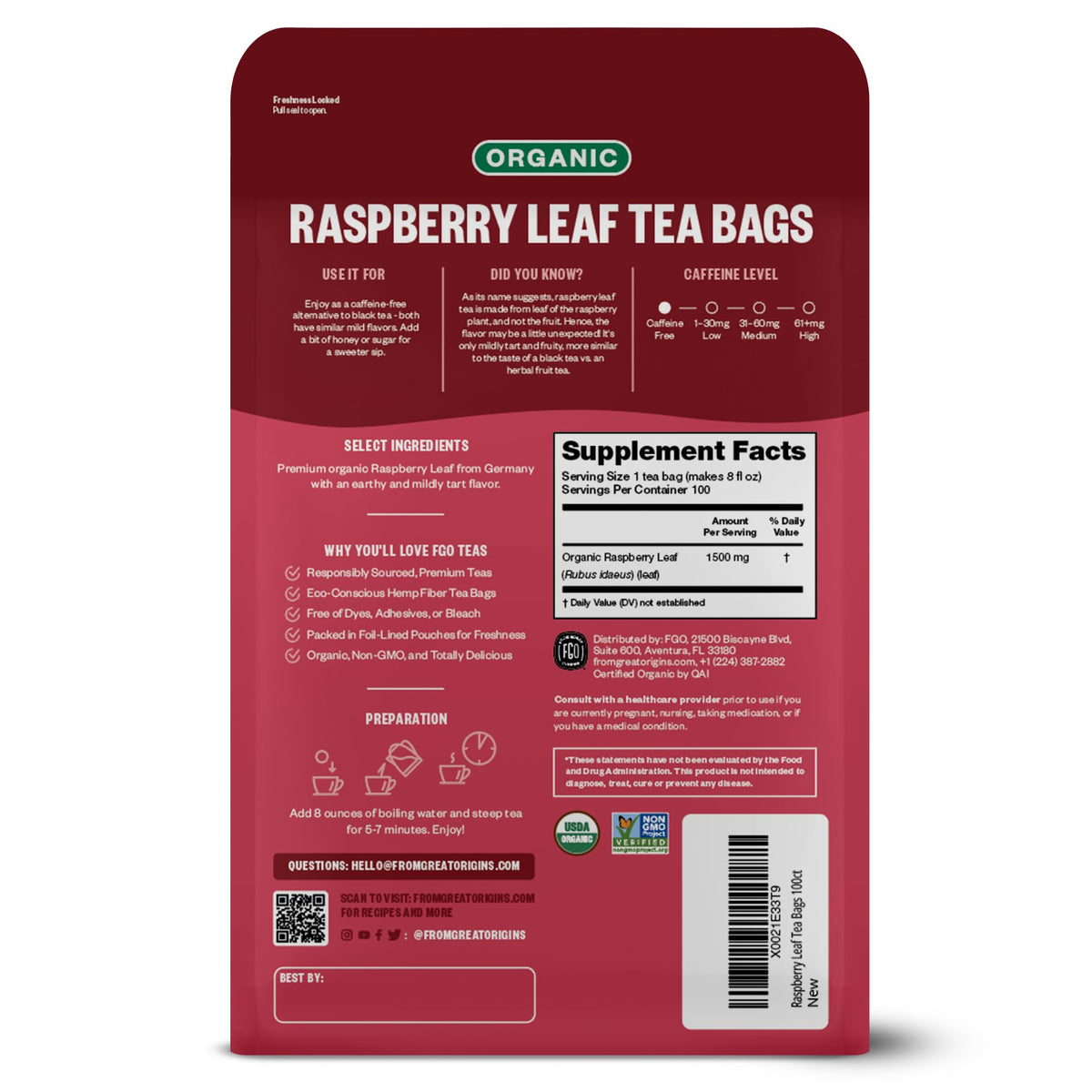 FGO Organic Red Raspberry Leaf Tea Bags – Caffeine Free, 100 Eco-Conscious Bags Imported from Germany