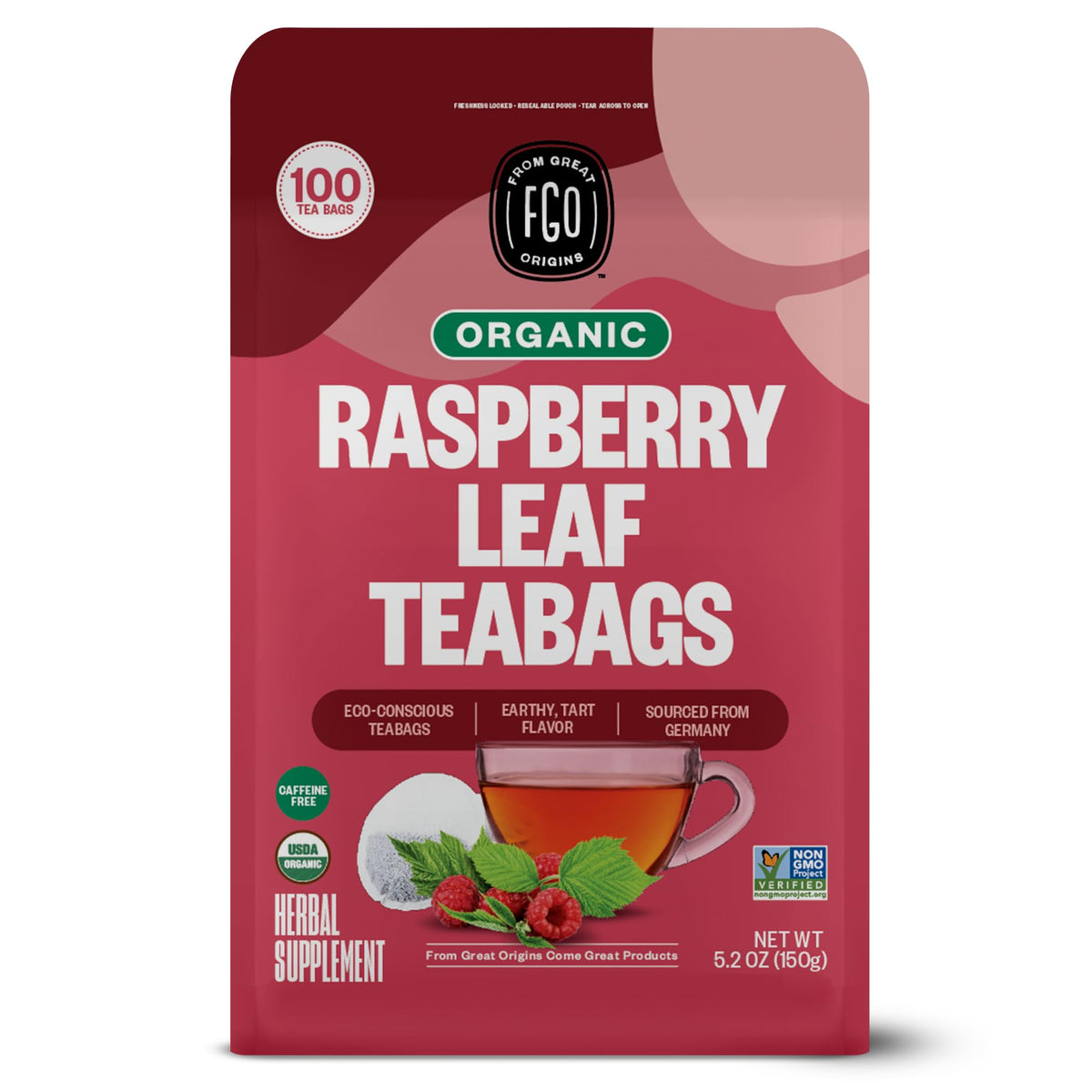 FGO Organic Red Raspberry Leaf Tea Bags – Caffeine Free, 100 Eco-Conscious Bags Imported from Germany