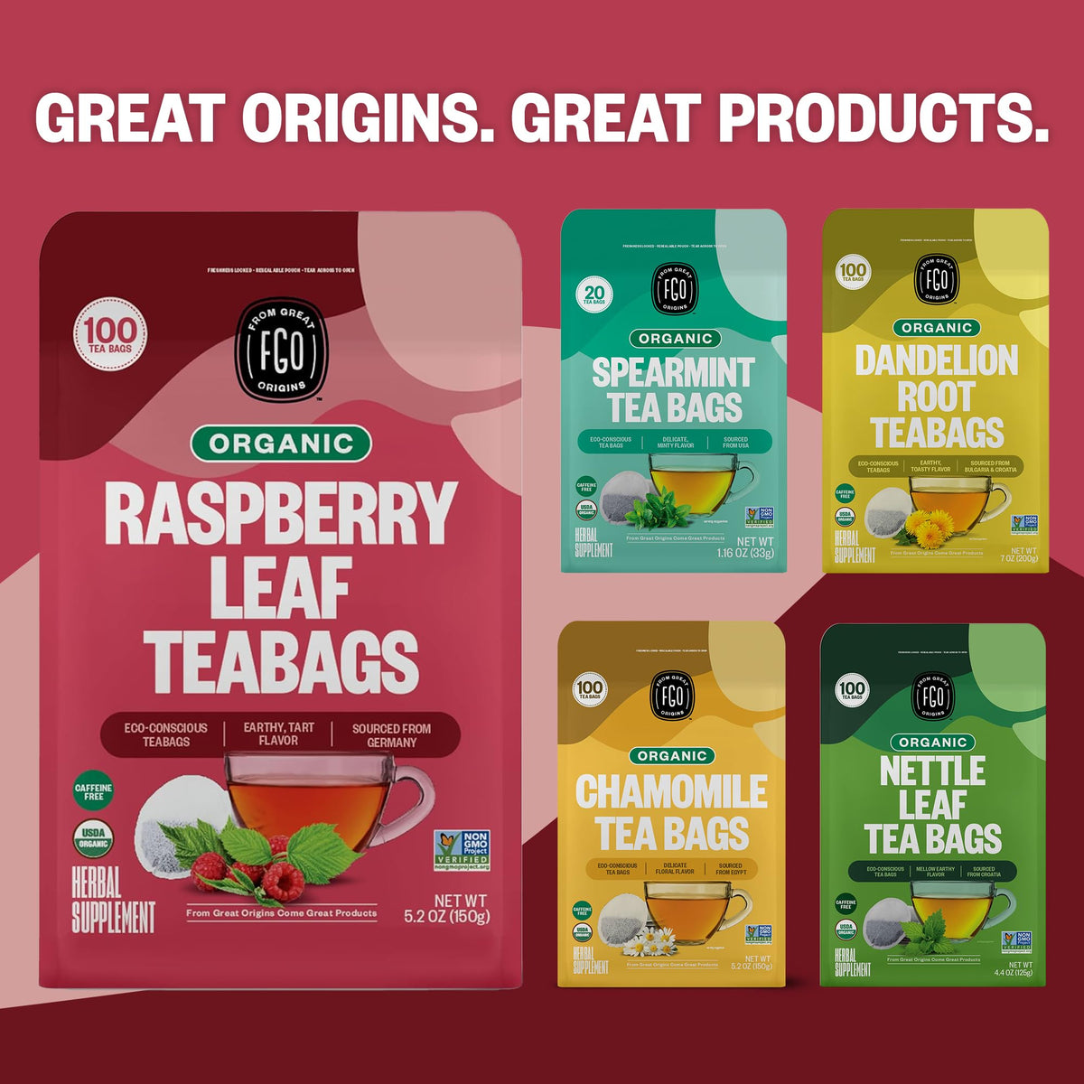 FGO Organic Red Raspberry Leaf Tea Bags – Caffeine Free, 100 Eco-Conscious Bags Imported from Germany
