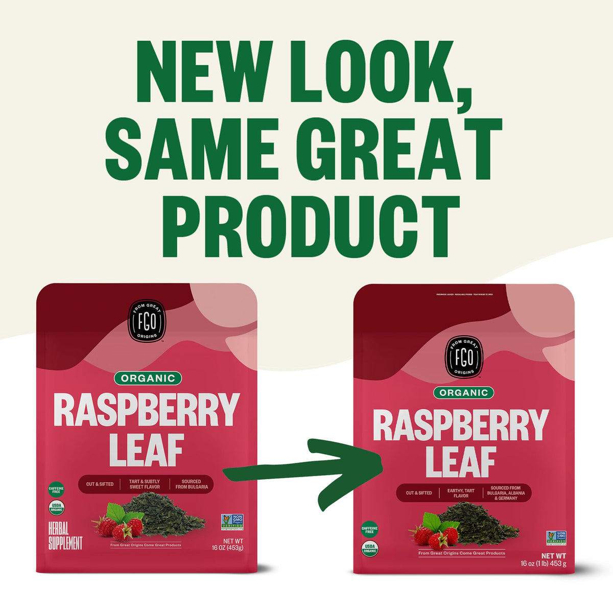 FGO Organic Red Raspberry Loose Leaf Tea — Caffeine-Free, 16oz Bulk Pouch