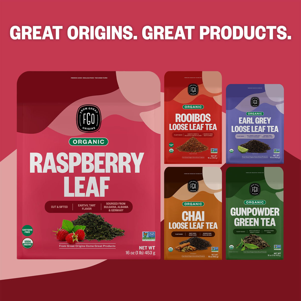 FGO Organic Red Raspberry Loose Leaf Tea — Caffeine-Free, 16oz Bulk Pouch