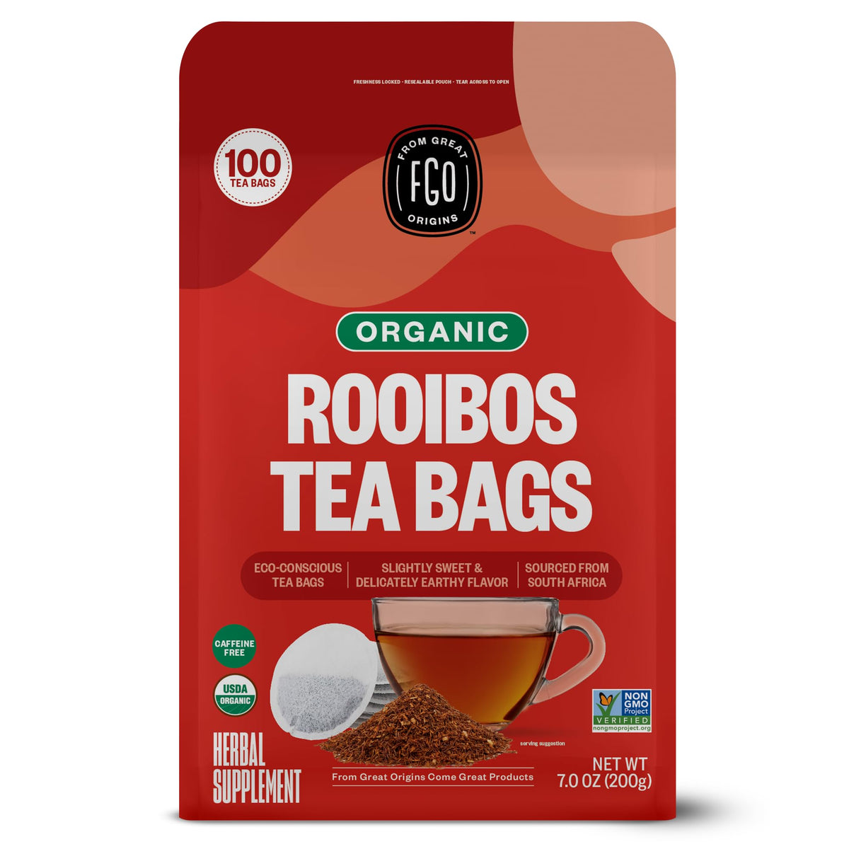 FGO Organic Rooibos Tea, 100 Eco-Conscious Bags, Caffeine Free (Packaging May Vary)