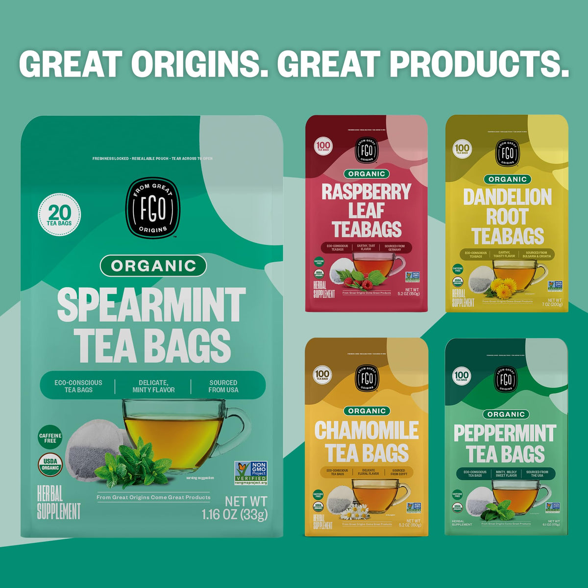 FGO Organic Spearmint Leaf Tea – 100 Count, Caffeine Free, Eco-Conscious Tea Bags, Pack of 1