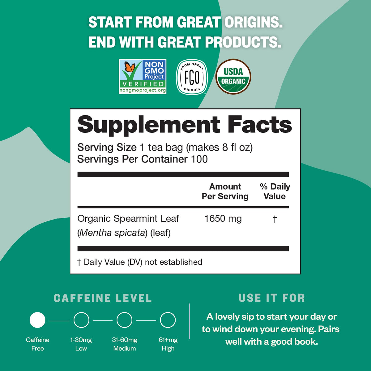 FGO Organic Spearmint Leaf Tea – 100 Count, Caffeine Free, Eco-Conscious Tea Bags, Pack of 1